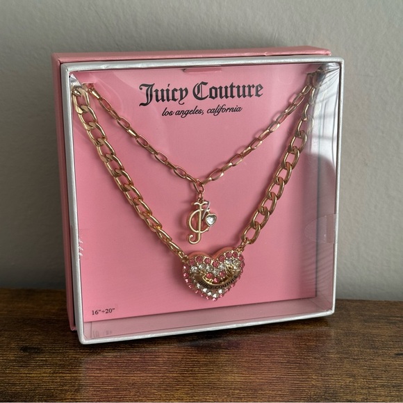 NWT Juicy Couture Gold Color Necklace Set Bedazzled Pink Heart Jewelry JC - Picture 1 of 3